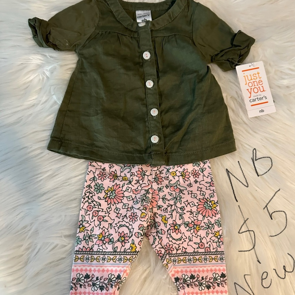Carter's Olive Top and Pink Floral Leggings Set
